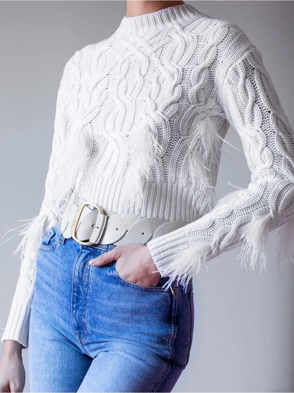 Vince Wool Cashmere Cream Cable-Knit Feather-Trim Crewneck Sweater Size XS